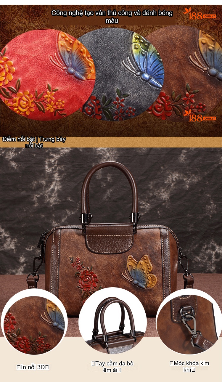 Túi Xách Nữ Da Bò Dáng Gối Cổ Điển Đeo Vai, Đeo Chéo Màu Nâu chi tiết 1