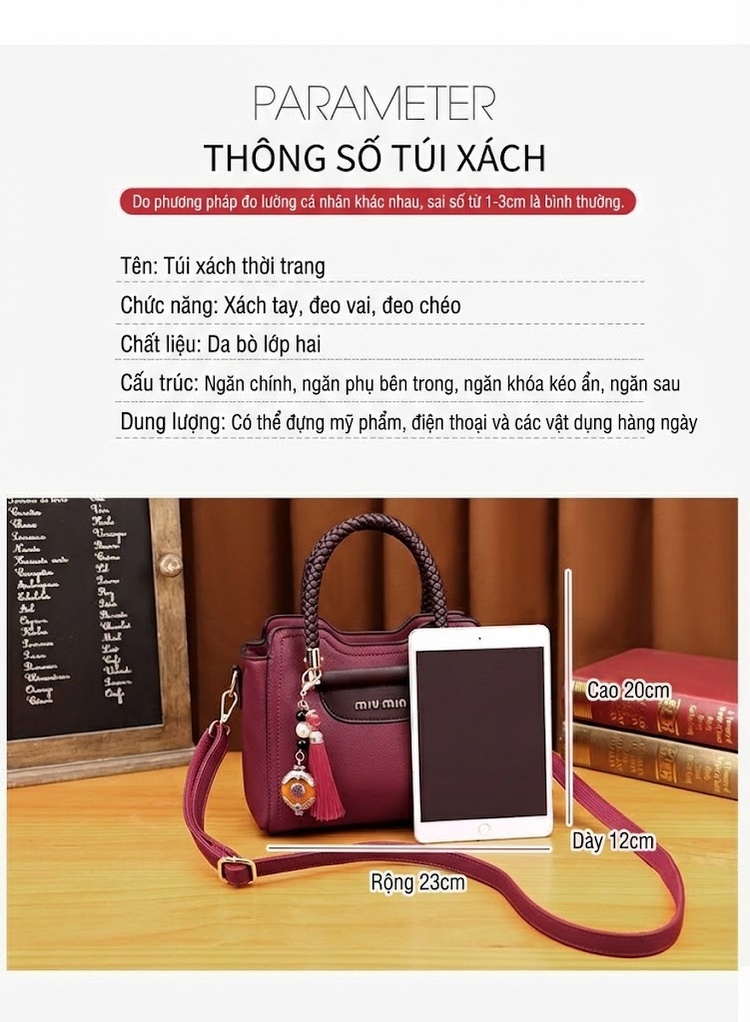 Túi Xách Nữ Da Bò Dáng Hộp Thời Trang Đeo Vai, Xách Tay Màu Đỏ Rượu chi tiết 6