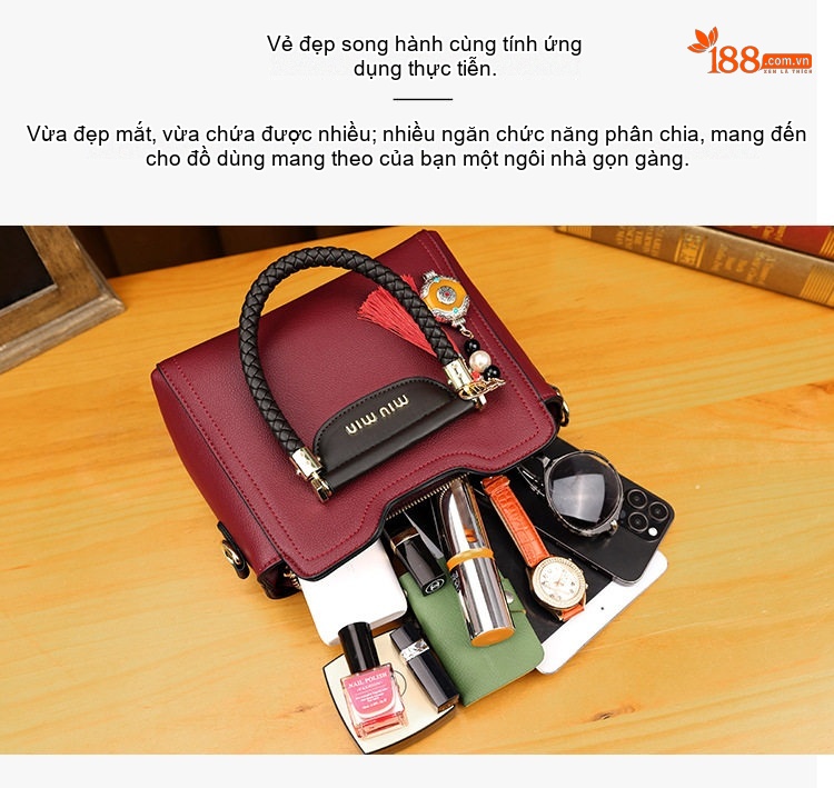 Túi Xách Nữ Da Bò Dáng Hộp Thời Trang Đeo Vai, Xách Tay Màu Đỏ Rượu chi tiết 7