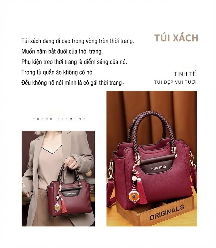 Túi Xách Nữ Da Bò Dáng Hộp Thời Trang Đeo Vai, Xách Tay Màu Đỏ Rượu chi tiết 2