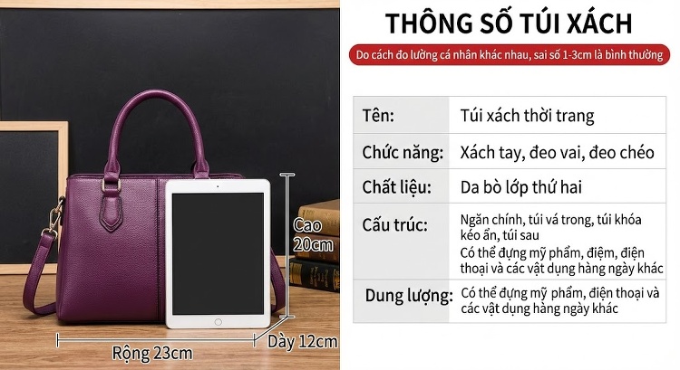 Túi Xách Nữ Da Bò Dáng Hộp Thời Trang Đeo Vai, Xách Tay Màu Đỏ Rượu chi tiết 26
