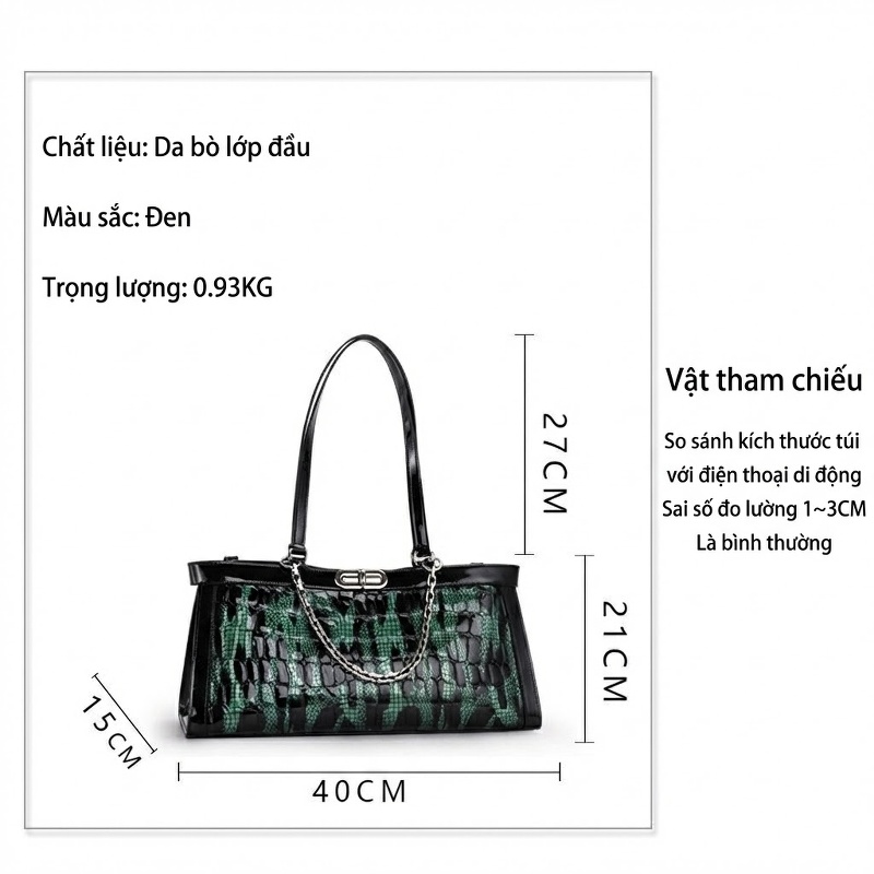 Túi Xách Nữ Da Bò Dáng Kẹp Nách Màu Xanh Rêu, Đen