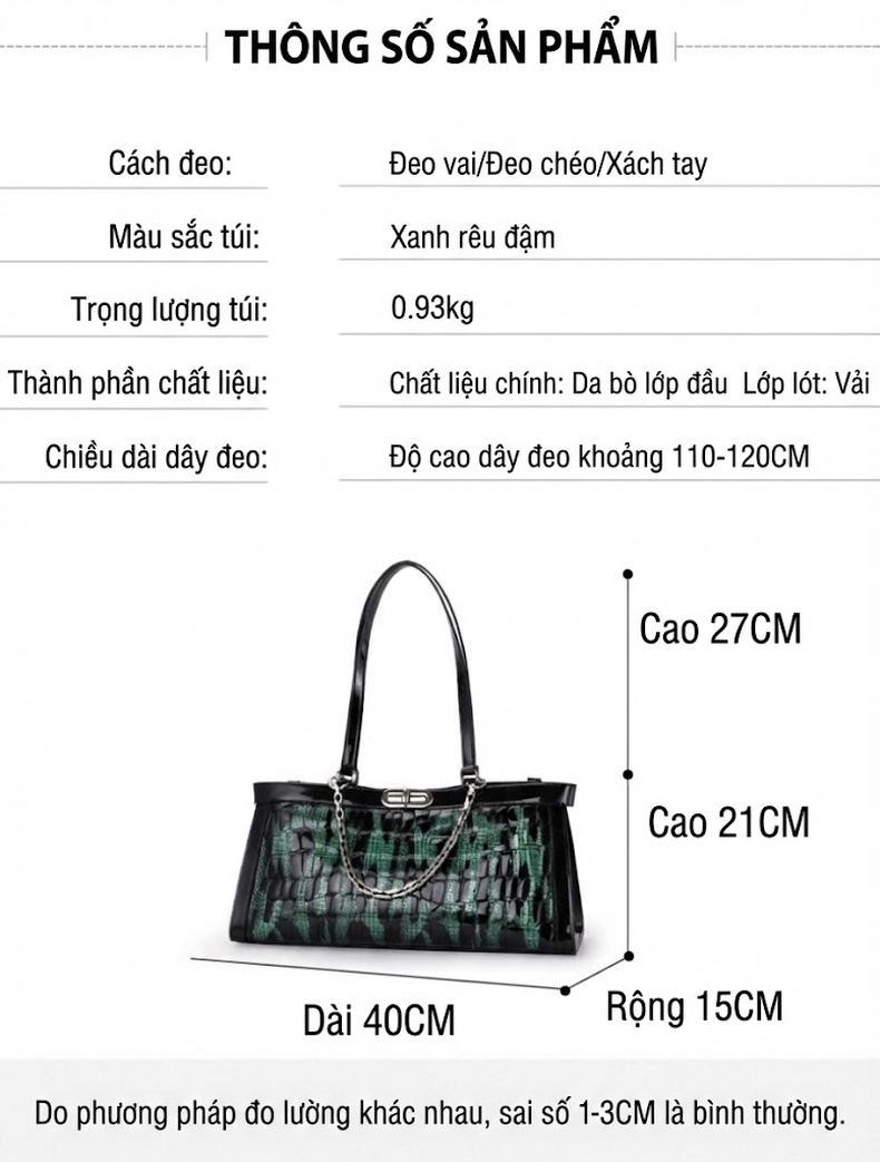 Túi Xách Nữ Da Bò Dáng Kẹp Nách Màu Xanh Rêu, Đen chi tiết 5