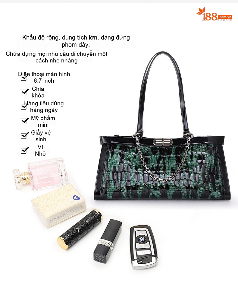 Túi Xách Nữ Da Bò Dáng Kẹp Nách Màu Xanh Rêu, Đen chi tiết 8