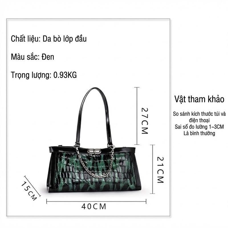 Túi Xách Nữ Da Bò Dáng Kẹp Nách Màu Xanh Rêu, Đen chi tiết 11
