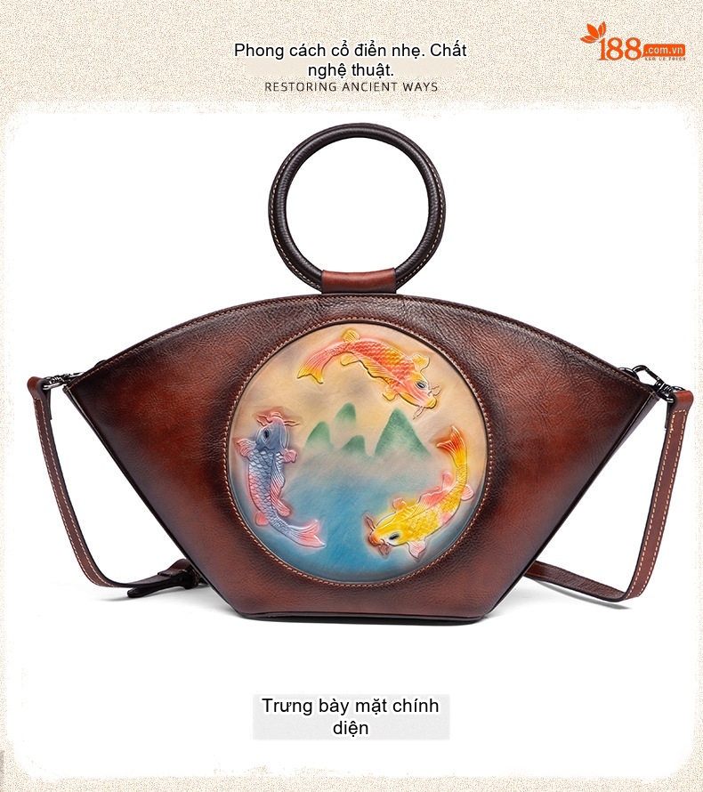 Túi Xách Nữ Da Bò Dáng Tròn Vintage Đeo Vai, Đeo Chéo Màu Nâu chi tiết 7