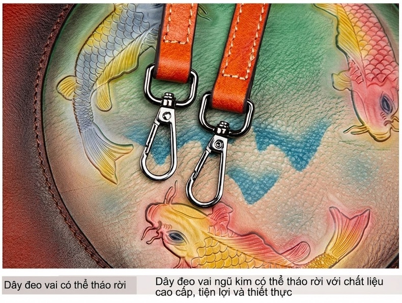 Túi Xách Nữ Da Bò Dáng Tròn Vintage Đeo Vai, Đeo Chéo Màu Nâu chi tiết 10