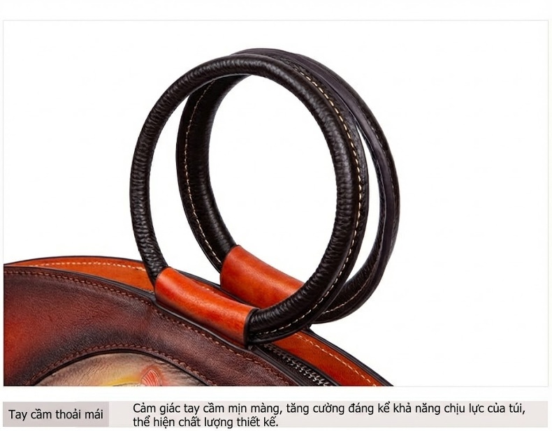 Túi Xách Nữ Da Bò Dáng Tròn Vintage Đeo Vai, Đeo Chéo Màu Nâu chi tiết 11