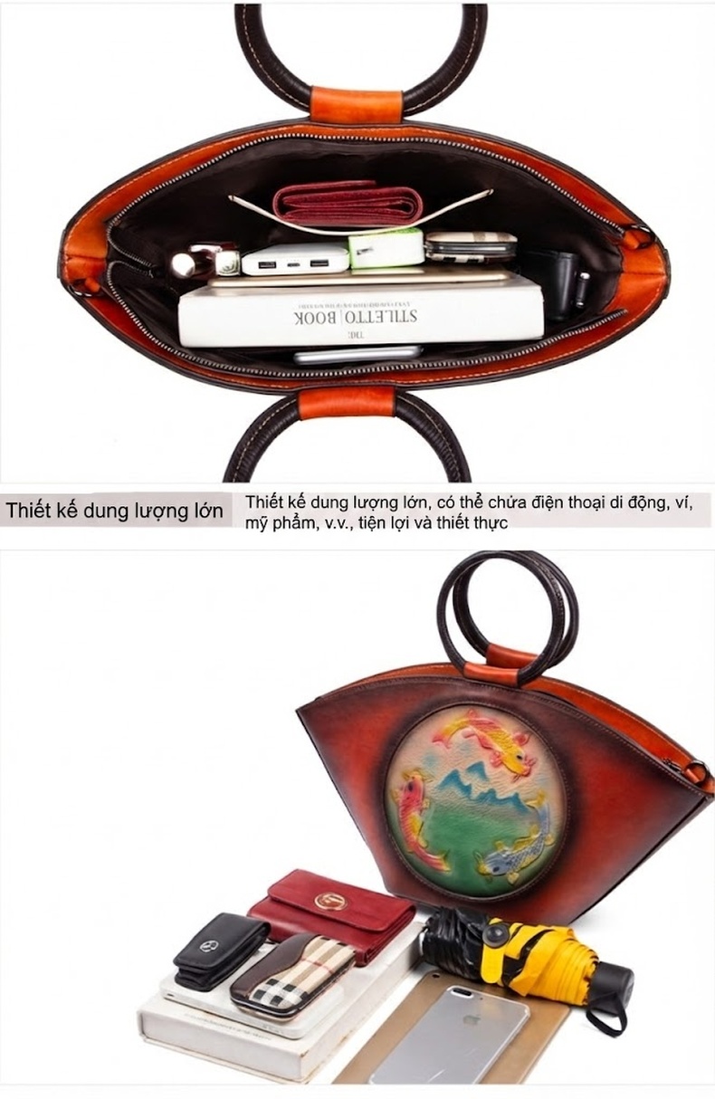 Túi Xách Nữ Da Bò Dáng Tròn Vintage Đeo Vai, Đeo Chéo Màu Nâu chi tiết 14