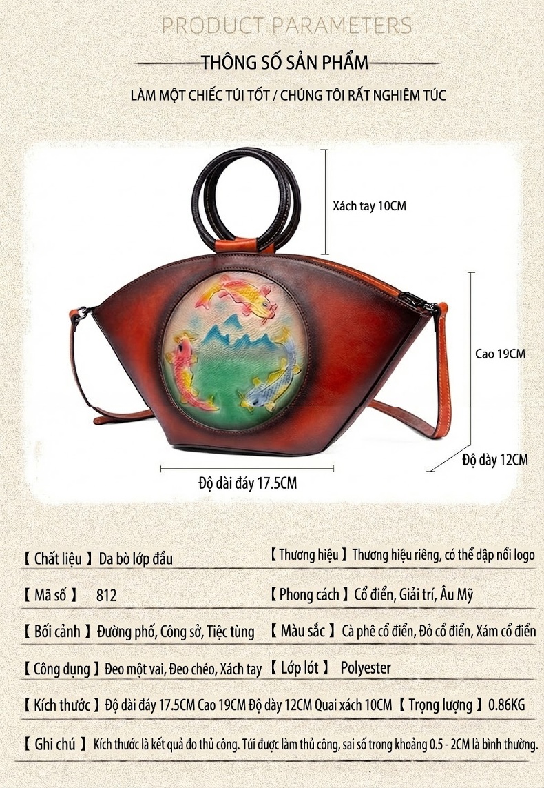 Túi Xách Nữ Da Bò Dáng Tròn Vintage Đeo Vai, Đeo Chéo Màu Nâu chi tiết 4