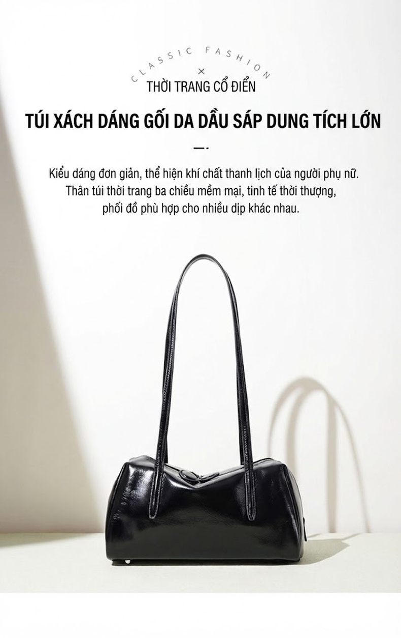 Túi Xách Nữ Da Bò Dáng Trống Cỡ Lớn Đeo Vai Phong Cách Retro Màu Đen chi tiết 1
