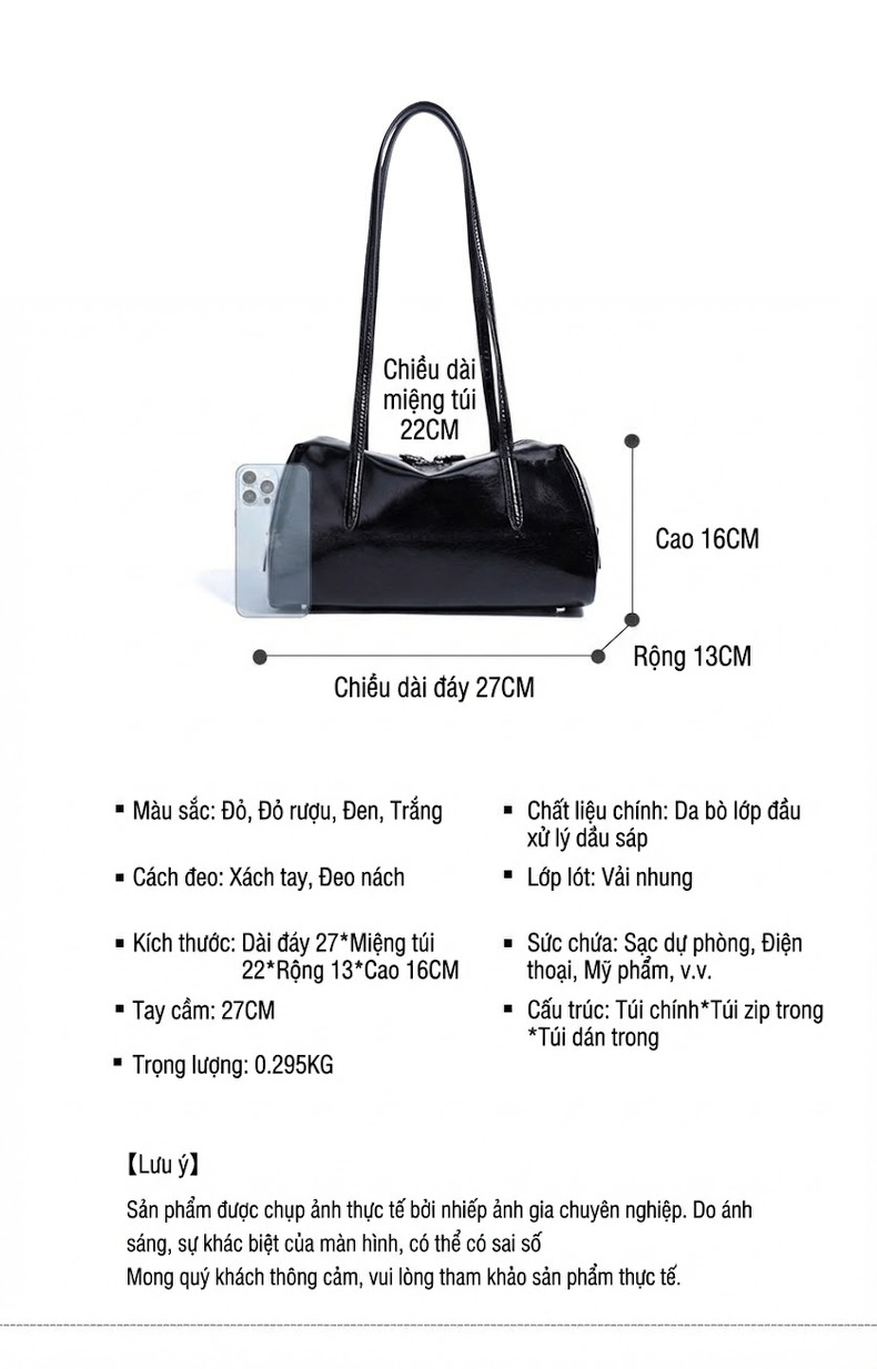 Túi Xách Nữ Da Bò Dáng Trống Cỡ Lớn Đeo Vai Phong Cách Retro Màu Đen chi tiết 8