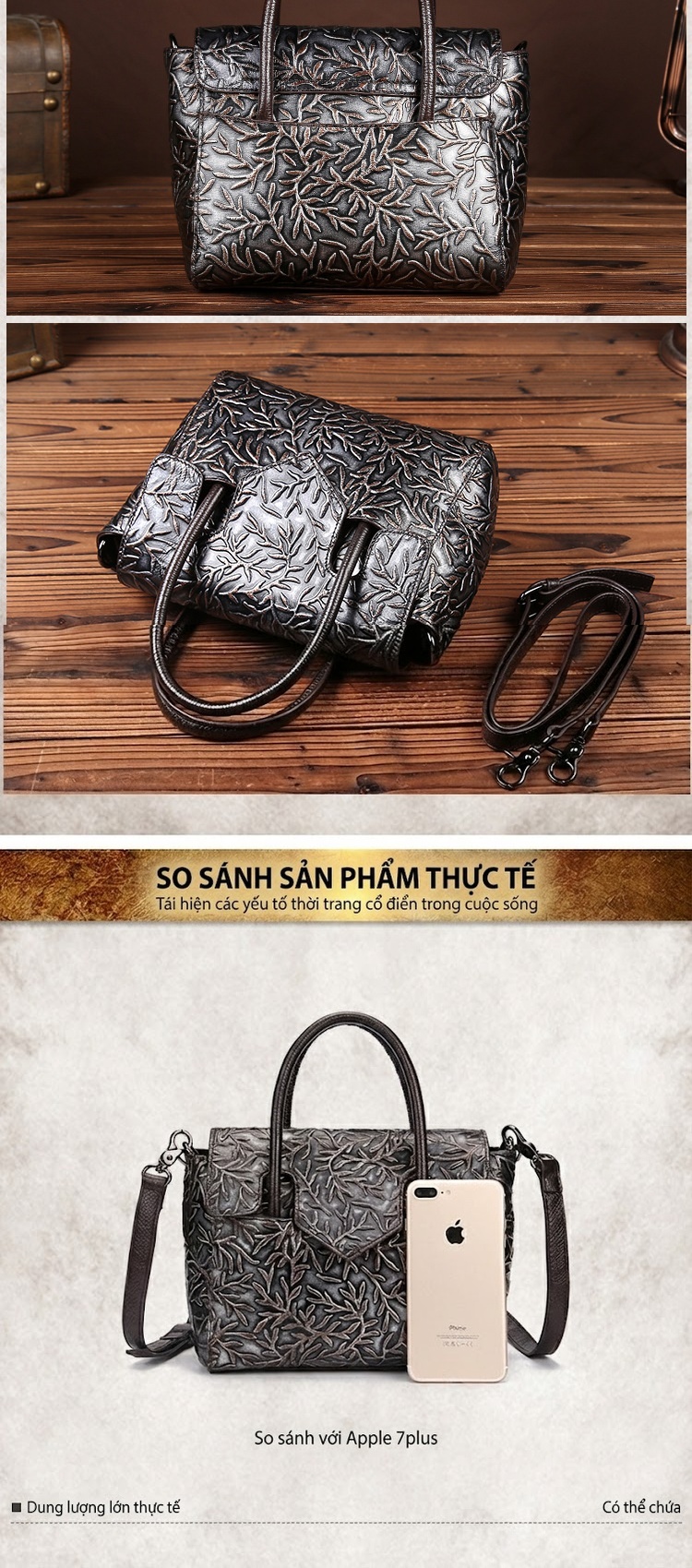 Túi Xách Nữ Da Bò Dập Vân Cầm Tay Đeo Chéo Vintage Màu Nâu chi tiết 2
