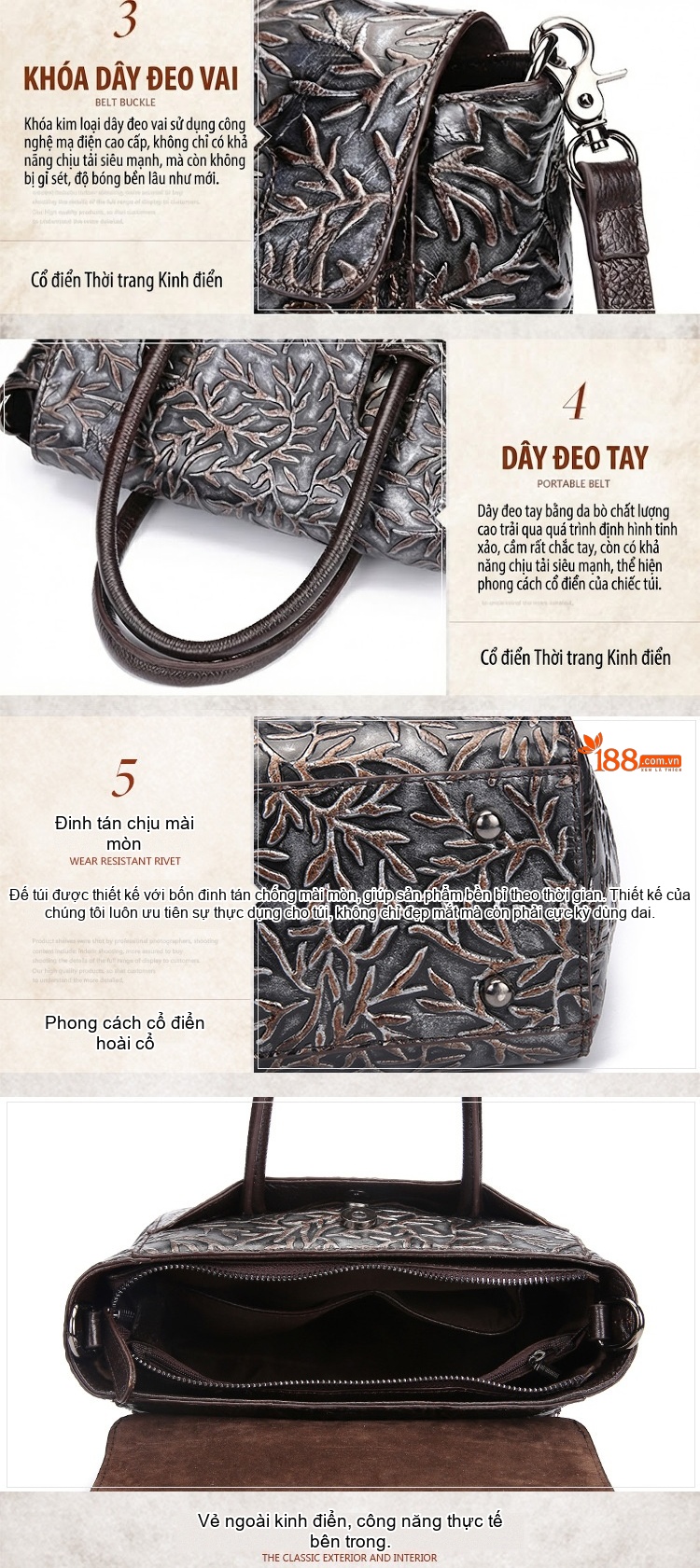 Túi Xách Nữ Da Bò Dập Vân Cầm Tay Đeo Chéo Vintage Màu Nâu chi tiết 3