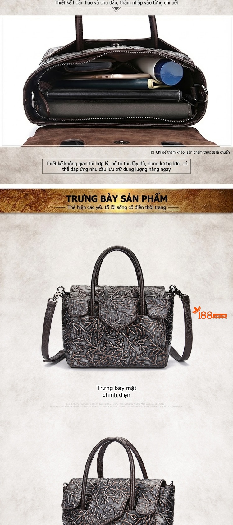 Túi Xách Nữ Da Bò Dập Vân Cầm Tay Đeo Chéo Vintage Màu Nâu chi tiết 4