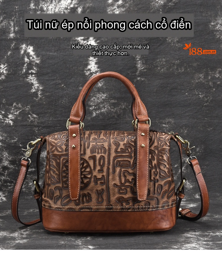 Túi Xách Nữ Da Bò Dập Vân Họa Tiết Vintage Đeo Vai, Đeo Chéo Màu Nâu chi tiết 1