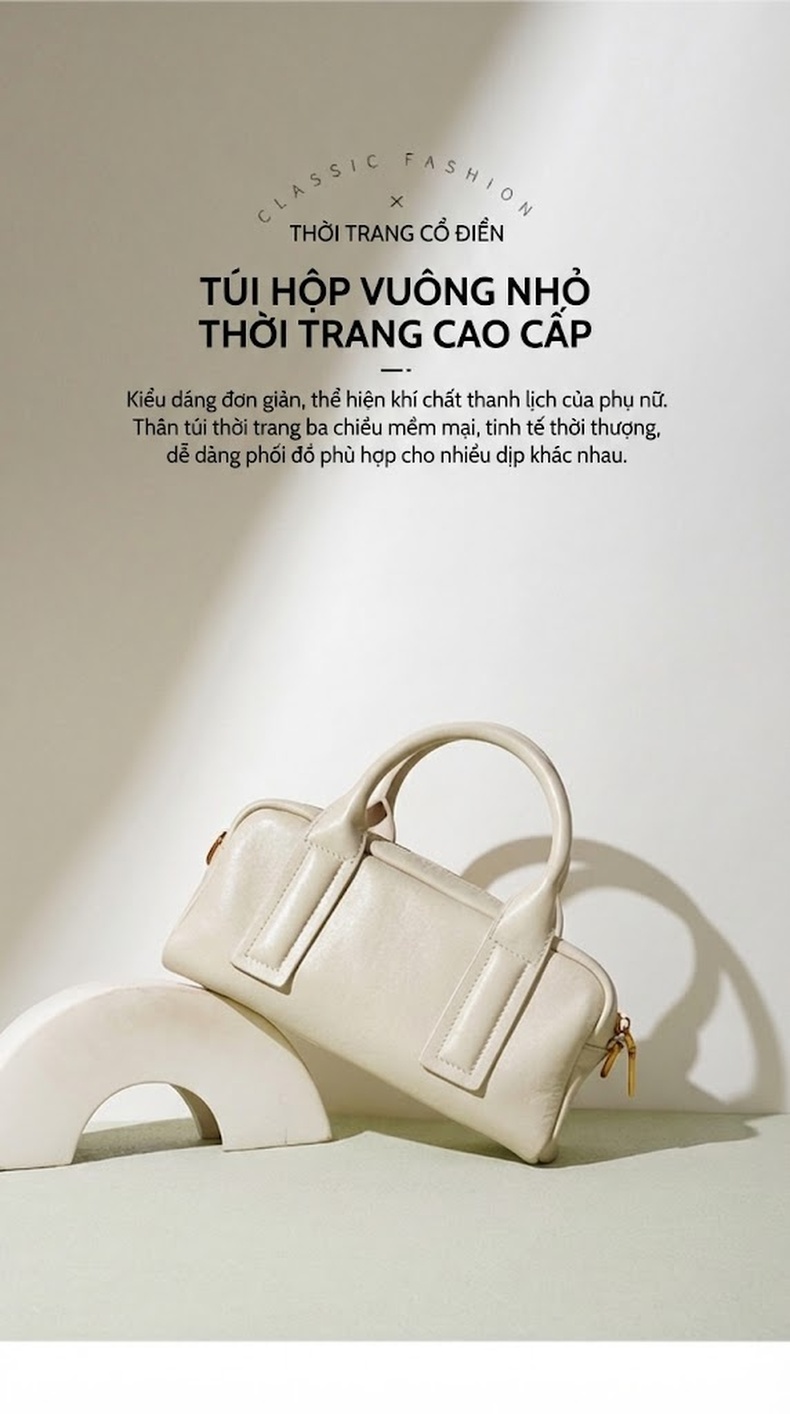 Túi Xách Nữ Da Bò Đeo Chéo Đeo Vai Cầm Tay Kiểu Dáng Công Sở Màu Trắng Kem, Nâu, Đen chi tiết 2