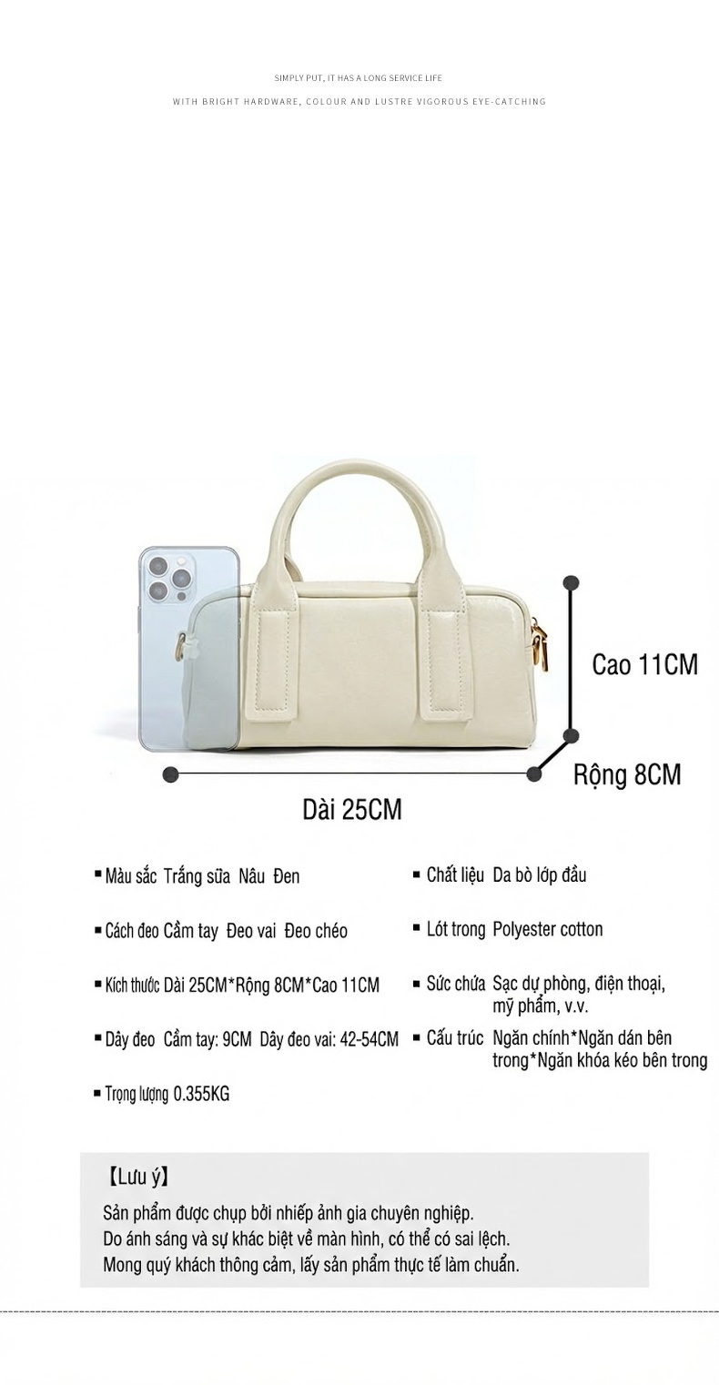 Túi Xách Nữ Da Bò Đeo Chéo Đeo Vai Cầm Tay Kiểu Dáng Công Sở Màu Trắng Kem, Nâu, Đen chi tiết 8