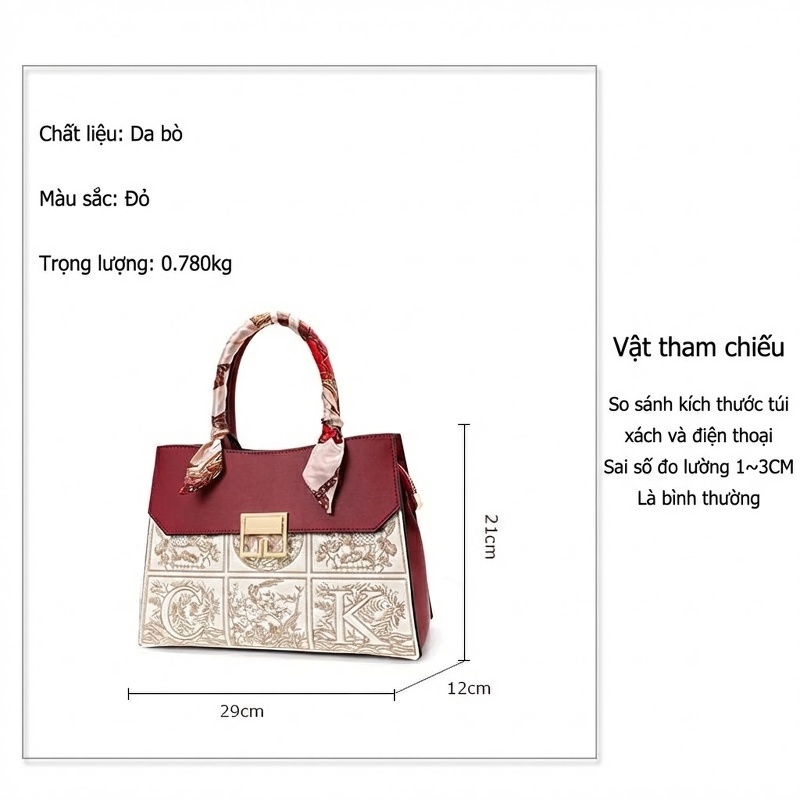 Túi Xách Nữ Da Bò Đeo Chéo/Xách Tay Họa Tiết Sang Trọng Màu Đỏ, Kem