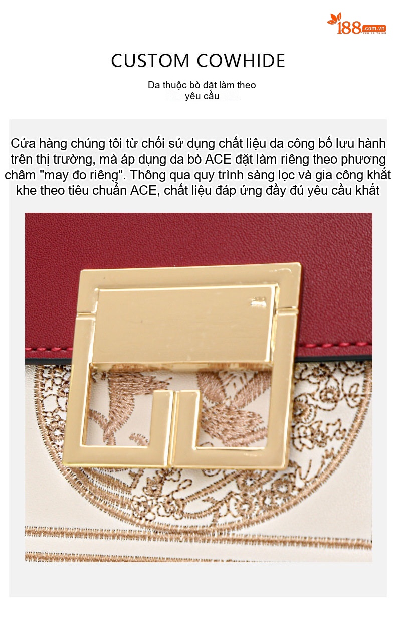 Túi Xách Nữ Da Bò Đeo Chéo/Xách Tay Họa Tiết Sang Trọng Màu Đỏ, Kem chi tiết 7