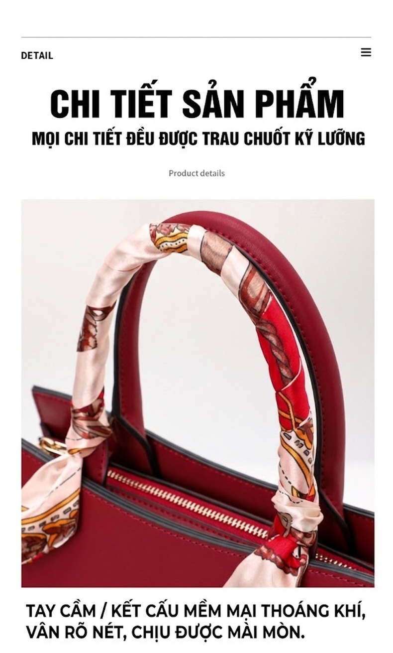 Túi Xách Nữ Da Bò Đeo Chéo/Xách Tay Họa Tiết Sang Trọng Màu Đỏ, Kem chi tiết 13