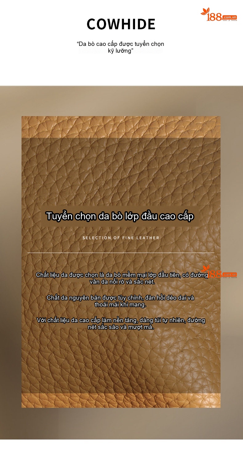 Túi Xách Nữ Da Bò Đeo Chéo/Xách Tay Thiết Kế Tối Giản Màu Đen, Nâu, Kem chi tiết 7