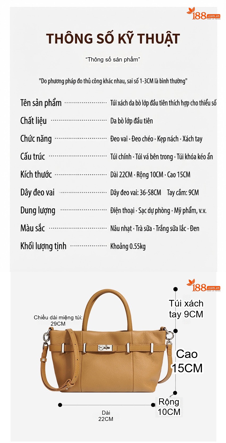 Túi Xách Nữ Da Bò Đeo Chéo/Xách Tay Thiết Kế Tối Giản Màu Đen, Nâu, Kem chi tiết 22