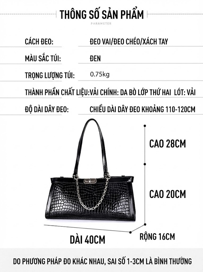 Túi Xách Nữ Da Bò Đeo Vai Dáng Baguette Đính Dây Xích Màu Đen chi tiết 5