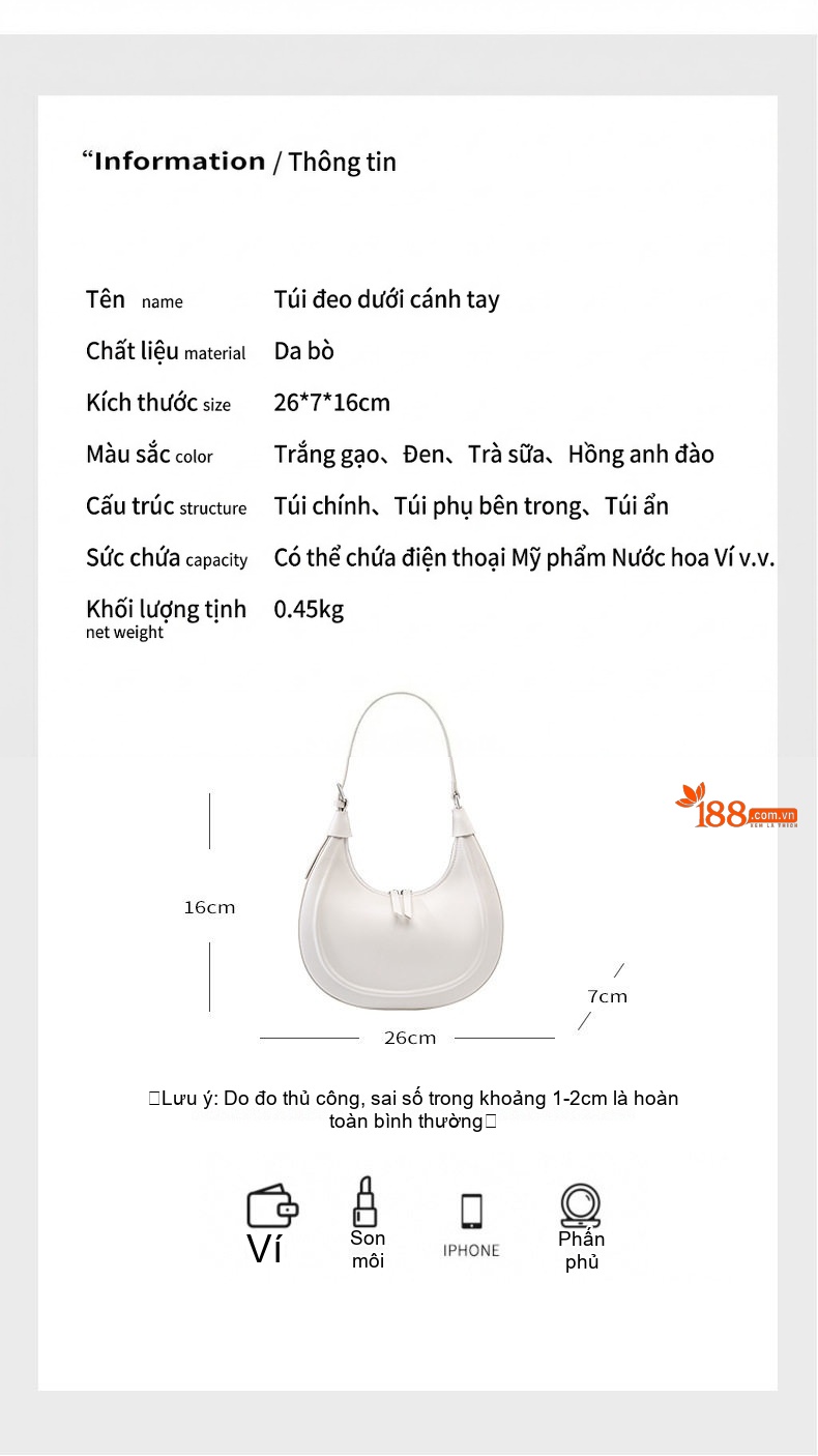Túi Xách Nữ Da Bò Đeo Vai Dáng Trăng Khuyết Màu Trắng, Hồng chi tiết 8