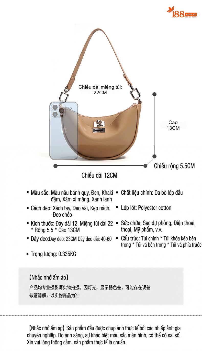 Túi Xách Nữ Da Bò Đeo Vai/Đeo Chéo Dáng Trăng Lưỡi Liềm Màu Nâu, Xám, Xanh, Đen... chi tiết 6