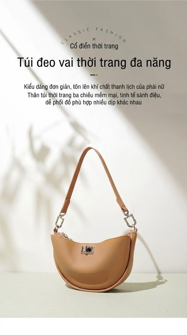 Túi Xách Nữ Da Bò Đeo Vai/Đeo Chéo Dáng Trăng Lưỡi Liềm Màu Nâu, Xám, Xanh, Đen... chi tiết 1
