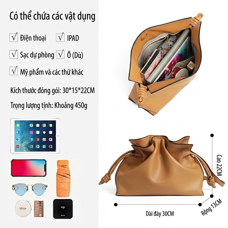 Túi Xách Nữ Da Bò Đeo Vai/Đeo Chéo Dáng Túi Rút Hình Vân Đám Mây Màu Nâu