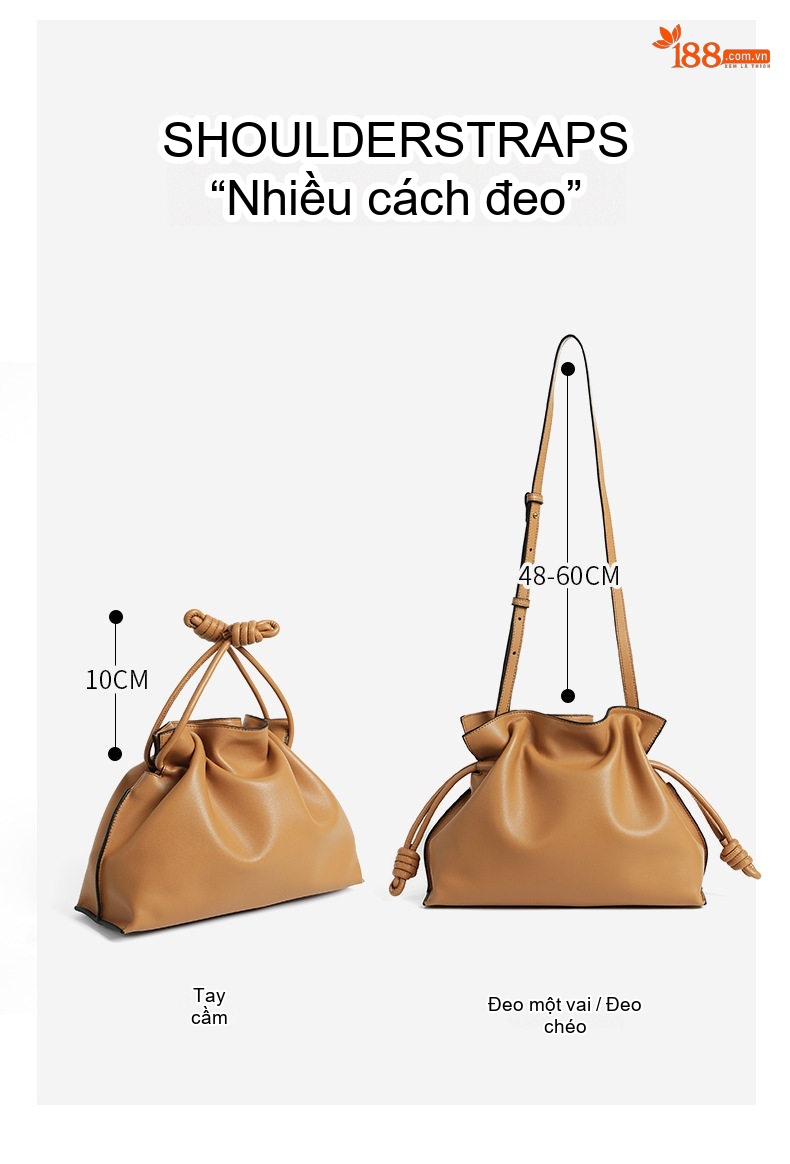 Túi Xách Nữ Da Bò Đeo Vai/Đeo Chéo Dáng Túi Rút Hình Vân Đám Mây Màu Nâu chi tiết 8