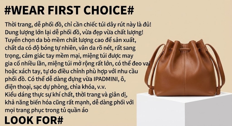 Túi Xách Nữ Da Bò Đeo Vai/Đeo Chéo Dáng Túi Rút Hình Vân Đám Mây Màu Nâu chi tiết 9
