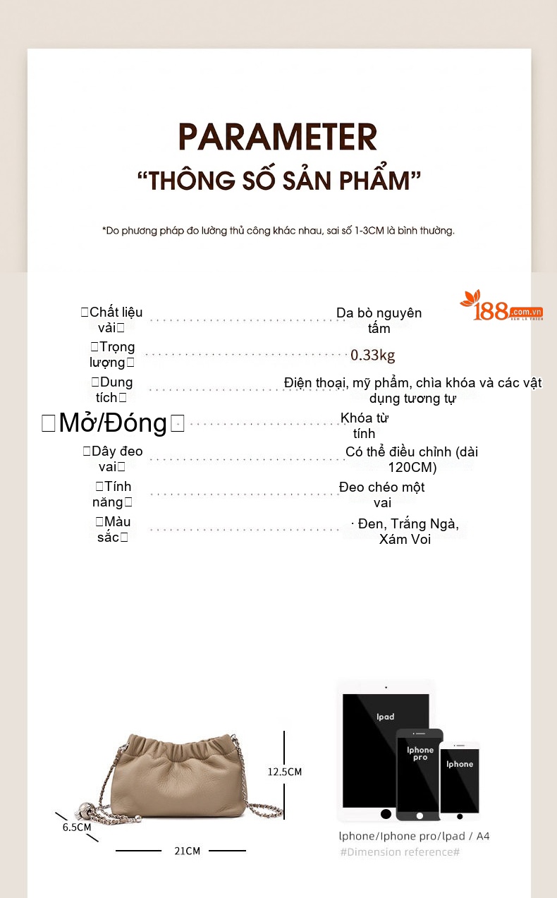 Túi Xách Nữ Da Bò Đeo Vai/Đeo Chéo Dây Xích Quả Cầu Vàng Phong Cách 2025 Màu Đen, Bạc, Kem, Trắng... chi tiết 2