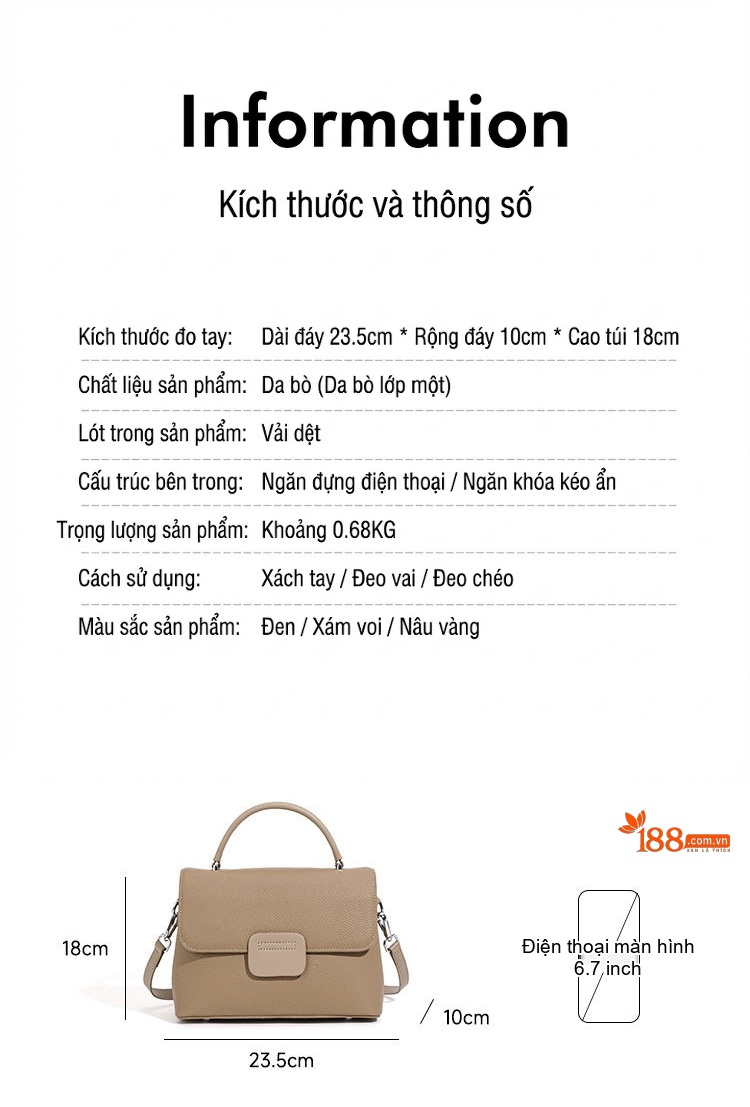 Túi Xách Nữ Da Bò Đeo Vai, Đeo Chéo Kiểu Dáng Shell, 2 Dây Đeo Màu Be chi tiết 3