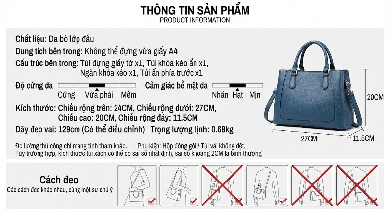 Túi Xách Nữ Da Bò Đeo Vai, Đeo Chéo Phong Cách Âu Mỹ Màu Xanh, Đỏ, Đen chi tiết 6