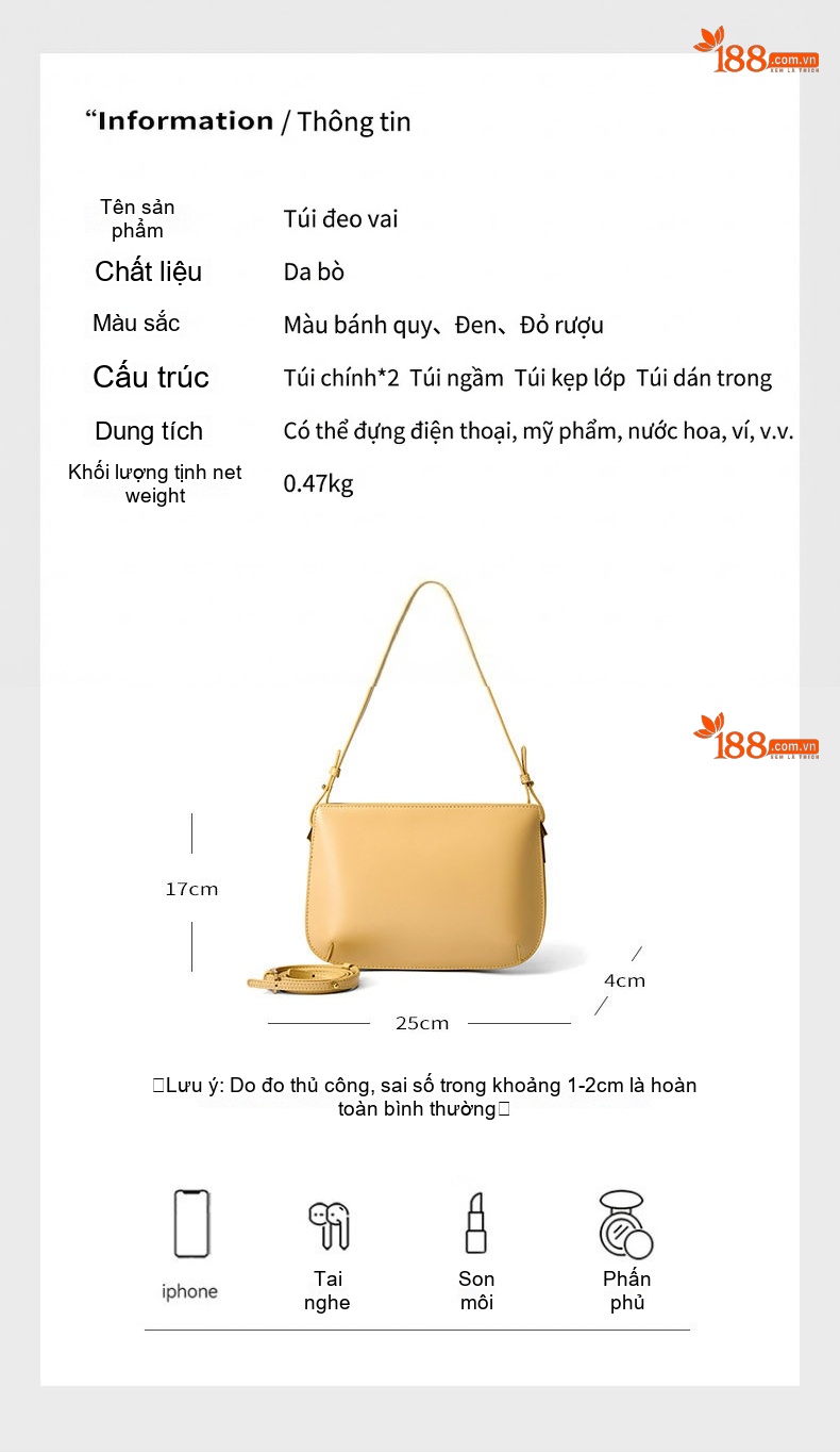 Túi Xách Nữ Da Bò Đeo Vai Đeo Chéo Phong Cách Đơn Giản Màu Đen, Đỏ, Vàng chi tiết 24