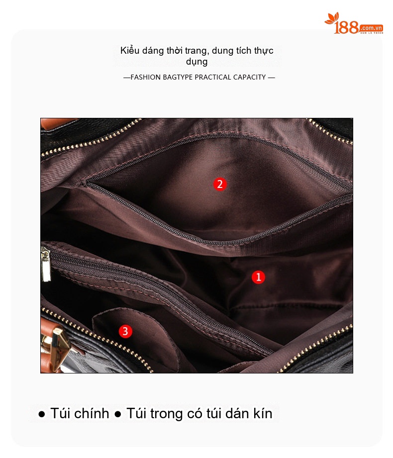 Túi Xách Nữ Da Bò Đeo Vai, Đeo Chéo Thời Trang Màu Đen chi tiết 6