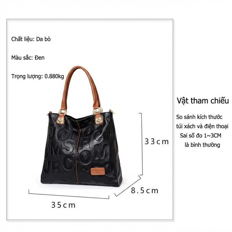 Túi Xách Nữ Da Bò Đeo Vai, Đeo Chéo Thời Trang Màu Đen