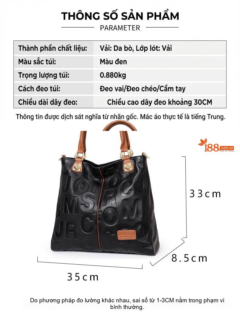 Túi Xách Nữ Da Bò Đeo Vai, Đeo Chéo Thời Trang Màu Đen chi tiết 4