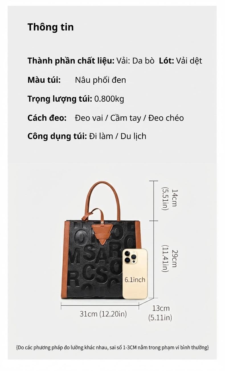 Túi Xách Nữ Da Bò Đeo Vai Đeo Chéo Thời Trang Màu Đen, Nâu, Đỏ chi tiết 3