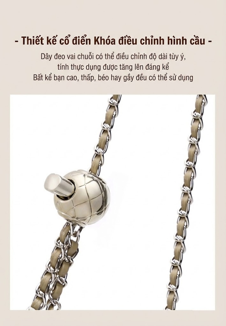 Túi Xách Nữ Da Bò Đeo Vai/Đeo Chéo Vân Đám Mây Cao Cấp Dây Xích Bi Màu Bạc, Trắng chi tiết 16