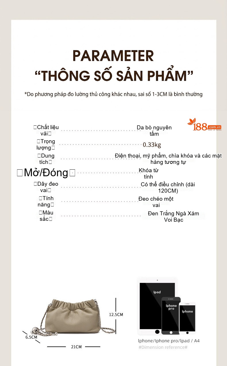 Túi Xách Nữ Da Bò Đeo Vai/Đeo Chéo Vân Đám Mây Cao Cấp Dây Xích Bi Màu Bạc, Trắng chi tiết 1