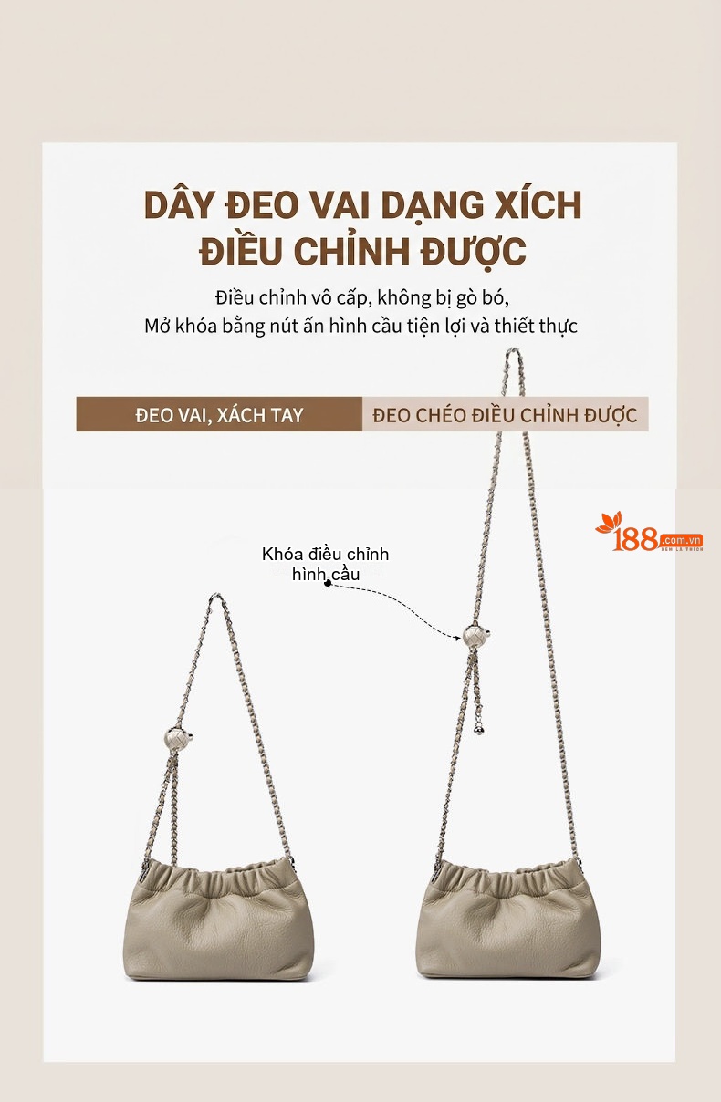 Túi Xách Nữ Da Bò Đeo Vai/Đeo Chéo Vân Đám Mây Cao Cấp Dây Xích Bi Màu Bạc, Trắng chi tiết 5
