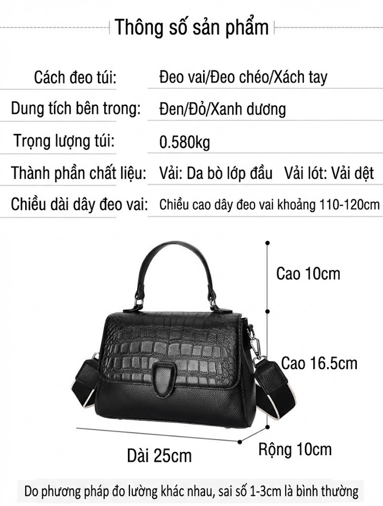 Túi Xách Nữ Da Bò Đeo Vai, Đeo Chéo, Xách Tay Cao Cấp Màu Đen chi tiết 22