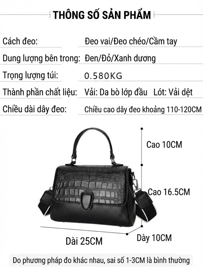 Túi Xách Nữ Da Bò Đeo Vai, Đeo Chéo, Xách Tay Cao Cấp Màu Đen chi tiết 3
