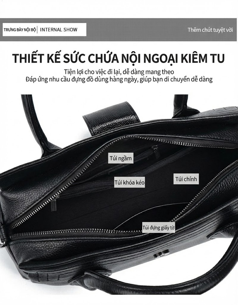 Túi Xách Nữ Da Bò Đeo Vai, Đeo Chéo, Xách Tay Thời Trang Màu Đen chi tiết 9