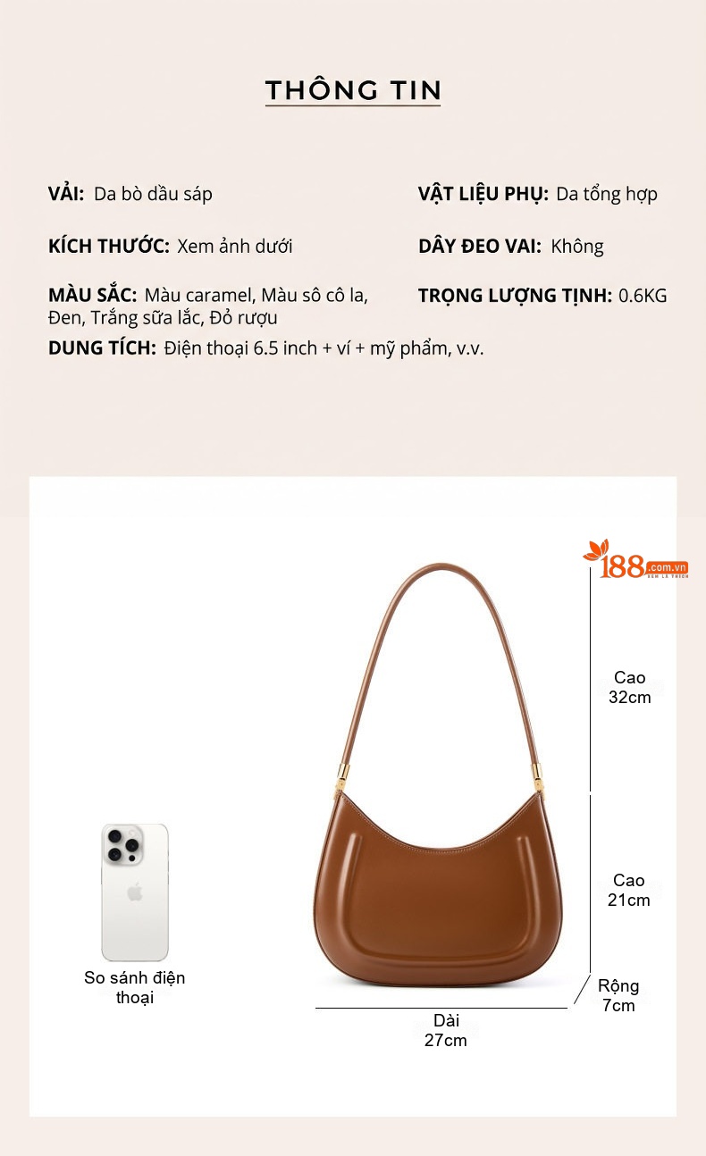 Túi Xách Nữ Da Bò Đeo Vai/Kẹp Nách/Cầm Tay Phong Cách Pháp Màu Đen, Nâu Đỏ chi tiết 6