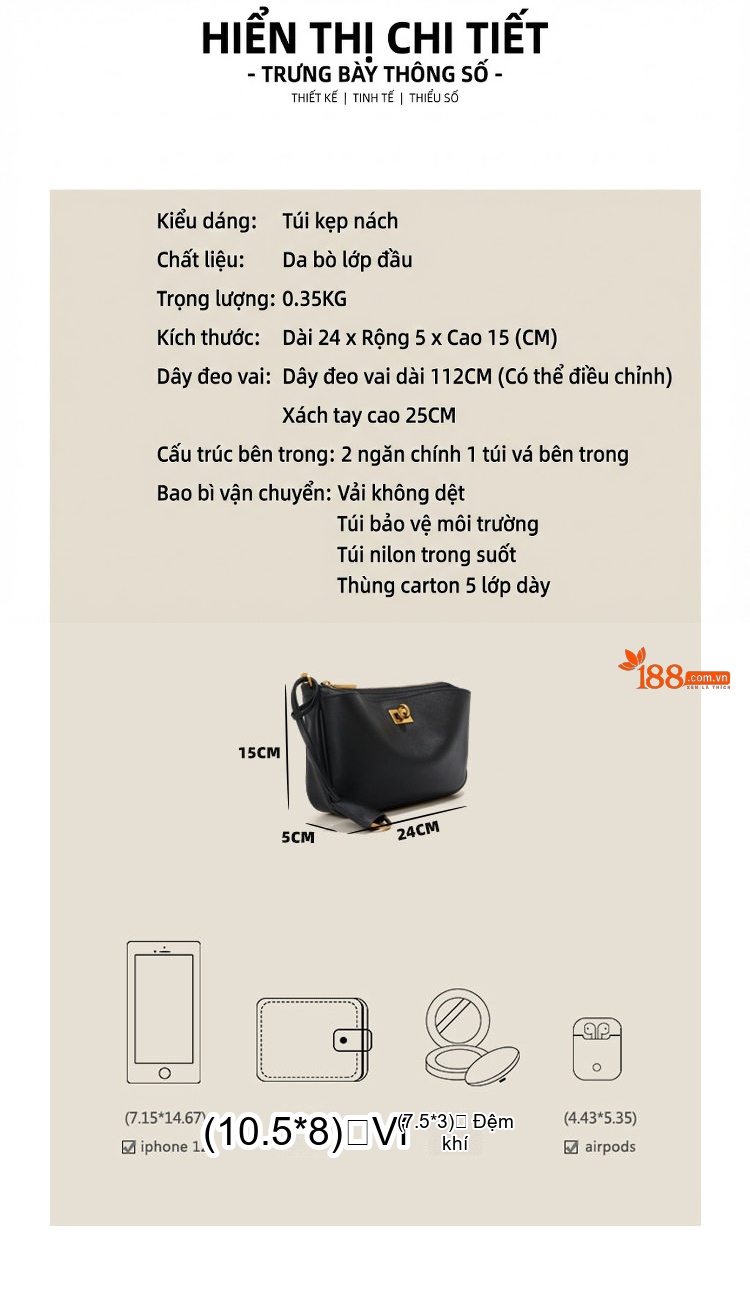 Túi Xách Nữ Da Bò Đeo Vai/Kẹp Nách/Đeo Chéo Phom Dáng Retro Màu Đen chi tiết 6